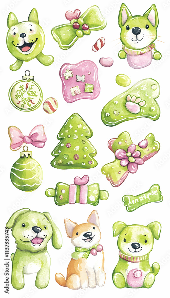 Obraz premium Cute green dogs and Christmas sweets illustration.