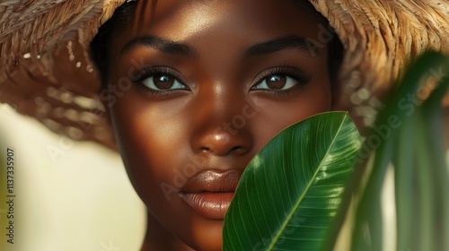 Cape Verdean woman holding green leaf photo