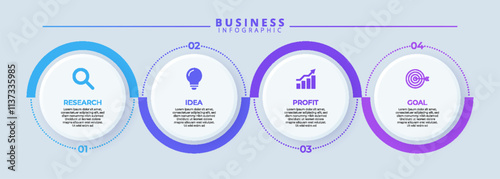 Infographic chart 4 step process, ideal for presenting business startup concepts. Features clean, minimalistic design with thin line icons.