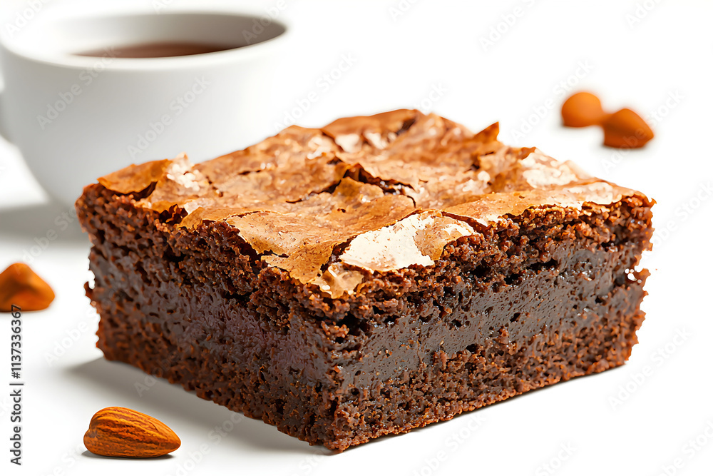 Delicious chocolate brownie with crispy top served alongside a cup of coffee and scattered almonds on a white background Delicious chocolate brownie with crispy top served alongside a cup of coffee and scattered almonds on a white background