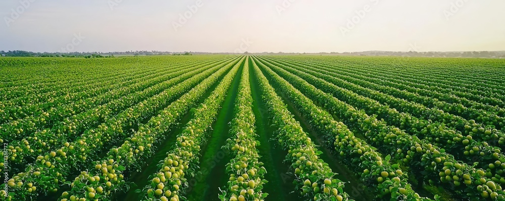Fototapeta premium Apple harvest idea. A scenic view of lush green vineyards stretching into the horizon under clear skies.