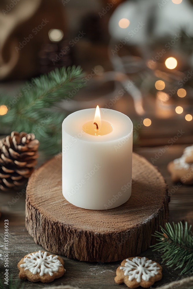 Photo: Lit Candle on Wooden Slice with Christmas Decor, Cozy Atmosphere Photo: Lit Candle on Wooden Slice with Christmas Decor, Cozy Atmosphere