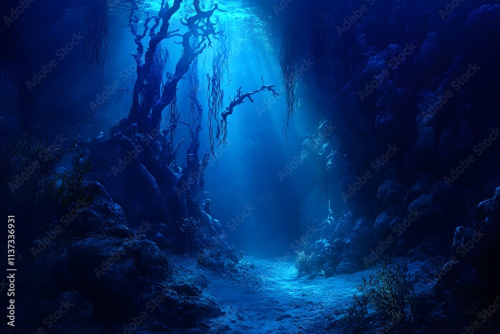 Naklejka premium Underwater Illustration: Sunbeams Illuminate Sunken Forest, Illustration