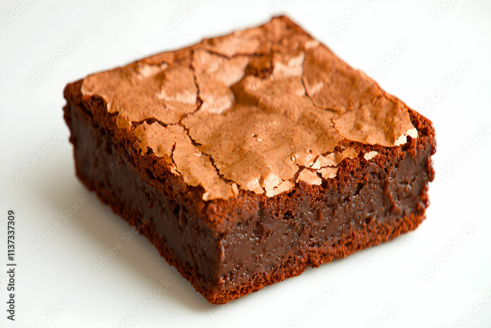 Rich and Delicious Brownie with a Cracked Top on a White Background Rich and Delicious Brownie with a Cracked Top on a White Background