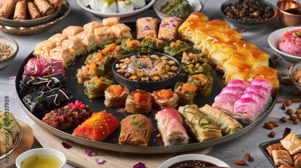 A vibrant platter of assorted desserts and sweets for sharing. A vibrant platter of assorted desserts and sweets for sharing.