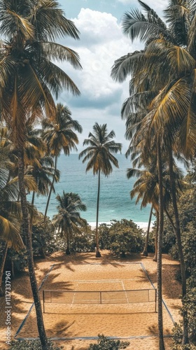 A serene coastal view framed by palm trees and a tennis court.