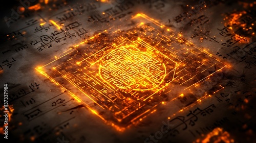 Glowing ancient symbol embedded in fiery manuscript.