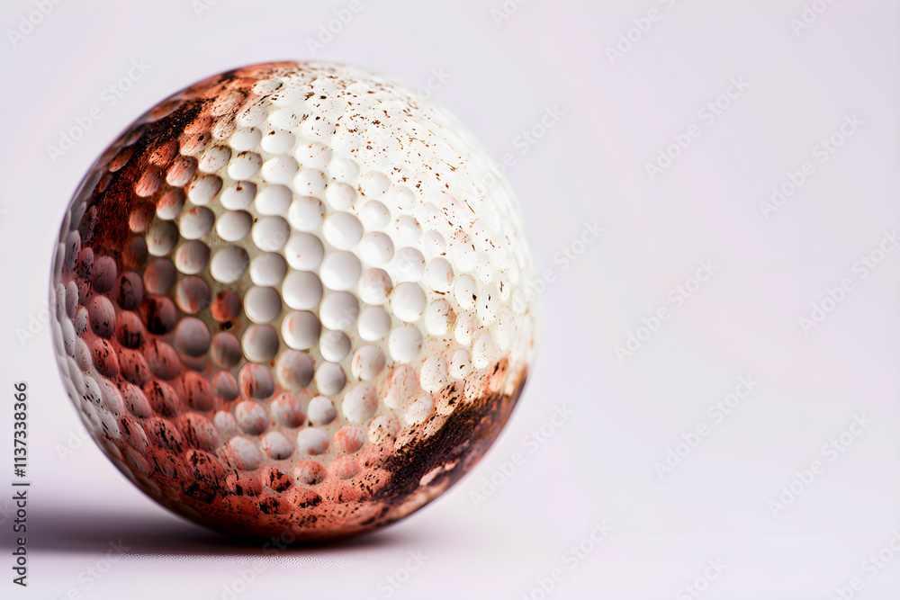 Close-Up View of a Worn Golf Ball with Mud and Dirt Stains on a Subtle Background Close-Up View of a Worn Golf Ball with Mud and Dirt Stains on a Subtle Background