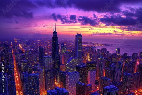 A vibrant city skyline at sunset, showcasing urban beauty and architecture.