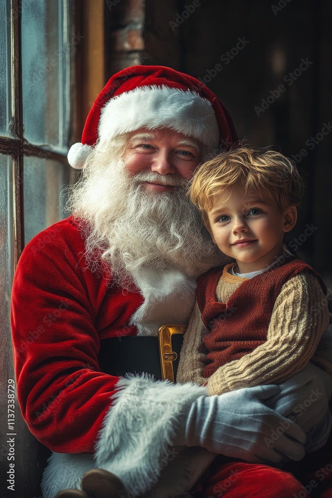 Cheerful yule, Ñute child boy subtle smile with santa claus. Christmas promotion concept pic for billboard and social media use. Winter greetings campaigns. Festive charm banners. Cheerful yule, Ñute child boy subtle smile with santa claus. Christmas promotion concept pic for billboard and social media use. Winter greetings campaigns. Festive charm banners.