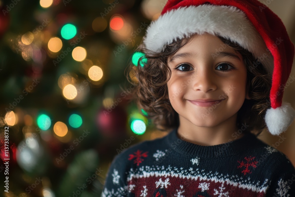 Portrait of a Latino boy with wavy brown hair, wearing a Christmas sweater with snowflakes and a red Santa hat, standing next to a Christmas tree adorned with colorful lights, soft lighting, copy