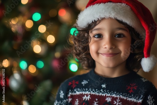 Portrait of a Latino boy with wavy brown hair, wearing a Christmas sweater with snowflakes and a red Santa hat, standing next to a Christmas tree adorned with colorful lights, soft lighting, copy