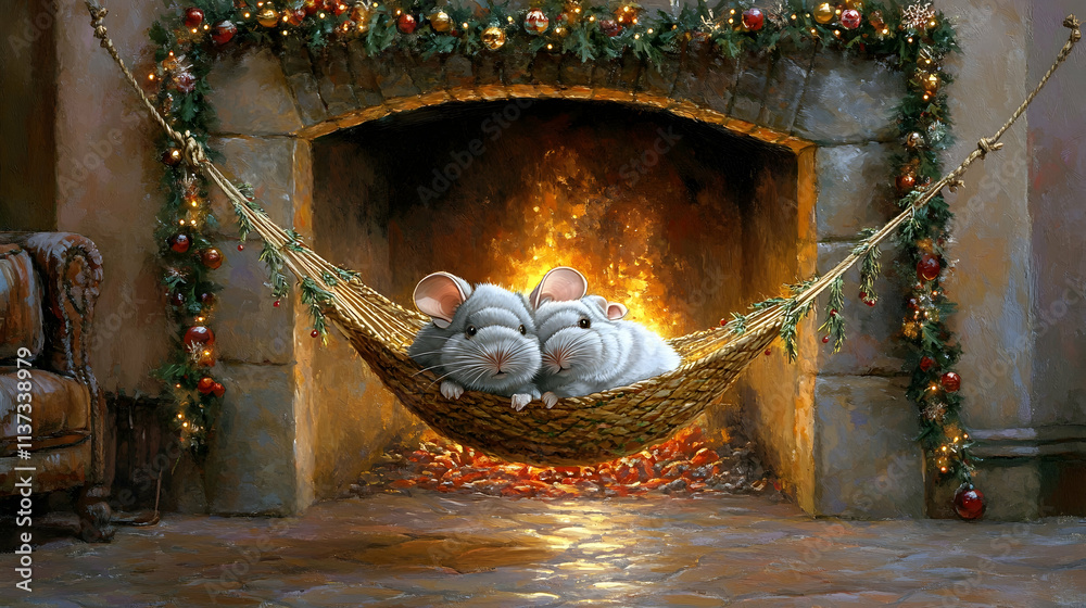 Obraz premium Two chinchillas snuggle in a hammock by a warm fireplace decorated for Christmas.
