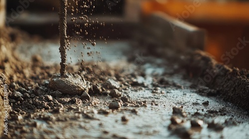 Wet concrete being poured on a construction site surface.