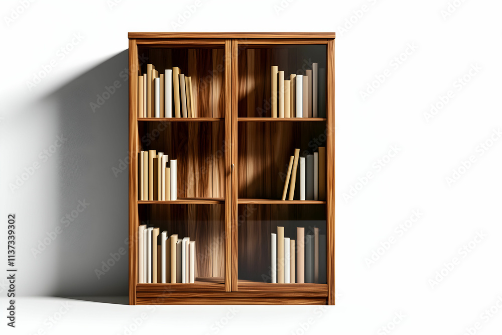 Elegant wooden bookshelf with glass doors showcasing neatly arranged books against a light background Elegant wooden bookshelf with glass doors showcasing neatly arranged books against a light background