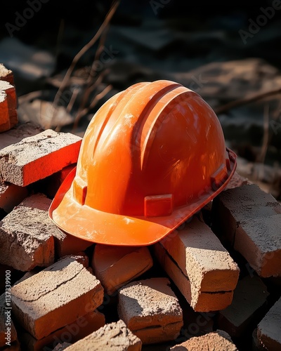 An orange hard hat resting on a pile of bricks at a construction site.