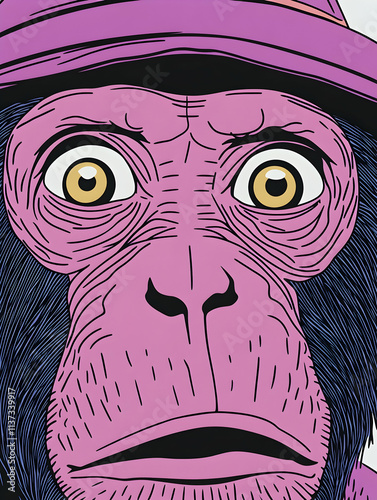 Close-up illustration of a surprised purple chimpanzee wearing a hat. photo