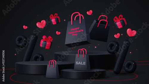 Valentine's day banner featuring a black gift box, shopping bag, discount balloon and product display podium. Social media template, discount sale promotion, greeting card, voucher web.