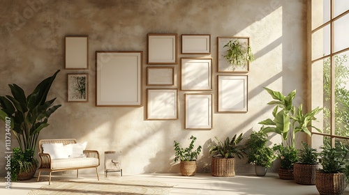 Living room gallery wall mockup with multiple frames in various sizes on a beige wall 
