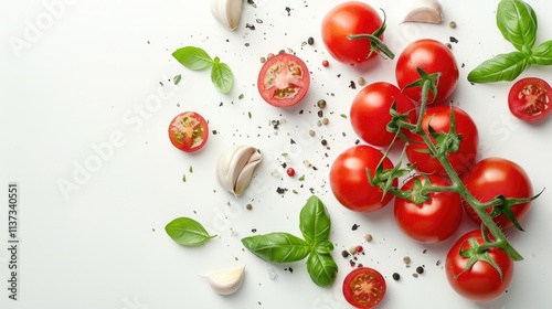 Fresh Tomatoes, Basil, Garlic and Spices on White Background