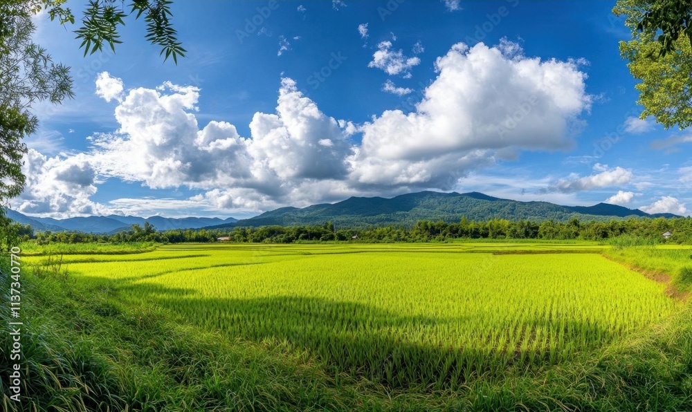 Fototapeta premium Lush green rice fields under a vibrant sky with mountains in the background.