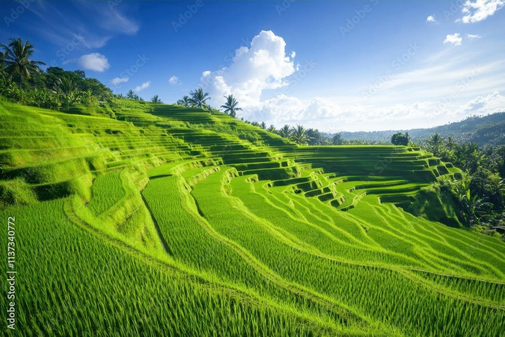 Lush green rice terraces under a bright blue sky with scattered clouds. Lush green rice terraces under a bright blue sky with scattered clouds.