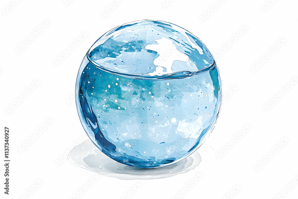 Transparent spherical water globe with reflections and bright blue hues showcasing fluid dynamics and artistic design elements Transparent spherical water globe with reflections and bright blue hues showcasing fluid dynamics and artistic design elements