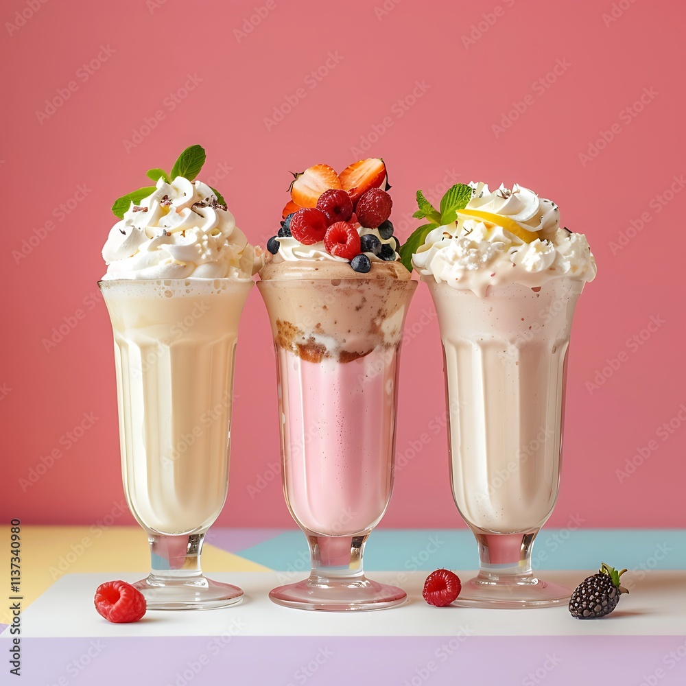 three glasses of milkshakes with whipped cream and fruits on colorful background three glasses of milkshakes with whipped cream and fruits on colorful background