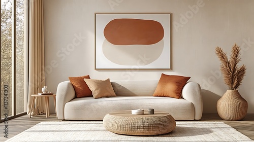 Living room with minimalist style, abstract framed poster on a neutral wall, beige sofa, and soft fabric textures