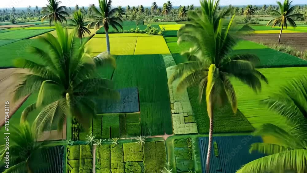 An aerial perspective reveals an expansive patchwork of lush green fields, showcasing various crops and palm trees interspersed across the landscape during the daytime.