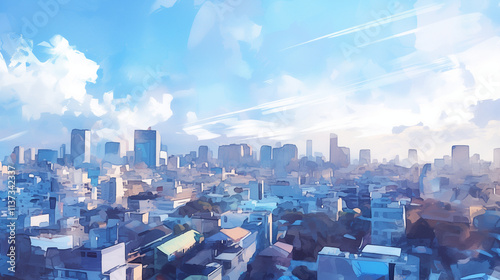 都市のパノラマ｜美しい青空とビル群のシルエット風景