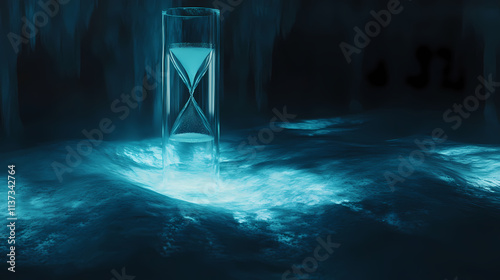 Elegant crystal hourglass suspended in serene aquamarine void sand particles frozen midfall soft ambient light minimalist composition time concept visualization. Beryl. Illustration photo