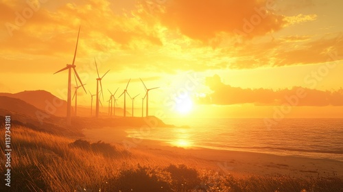 Wind turbines farm in sunlight. Clean energy concept, wind turbines in the sunlight on the coast close to the sea for wind power photo