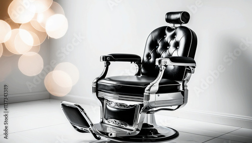 Monochrome illustration of barbershop chair. Leather with chrome elements. Isolated on white background photo