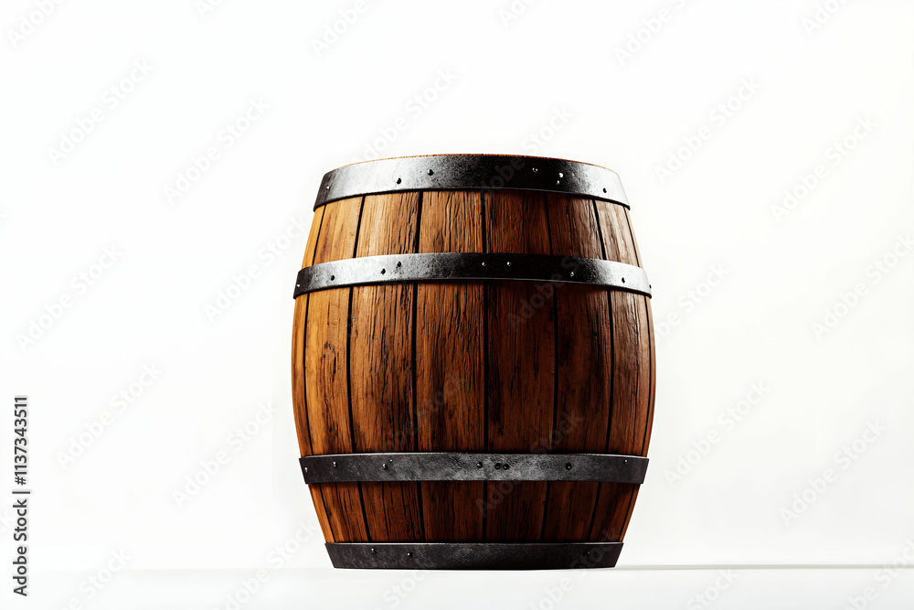 Wooden Barrel with Metal Bands on a Simple White Background for Rustic and Vintage Themes Wooden Barrel with Metal Bands on a Simple White Background for Rustic and Vintage Themes