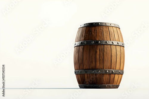 Rustic Wooden Barrel with Metal Bands on a Minimalist Background for Vintage and Decorative Themes photo