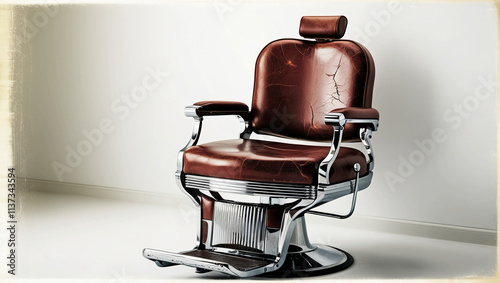 Monochrome illustration of barbershop chair. Leather with chrome elements. Isolated on white background photo