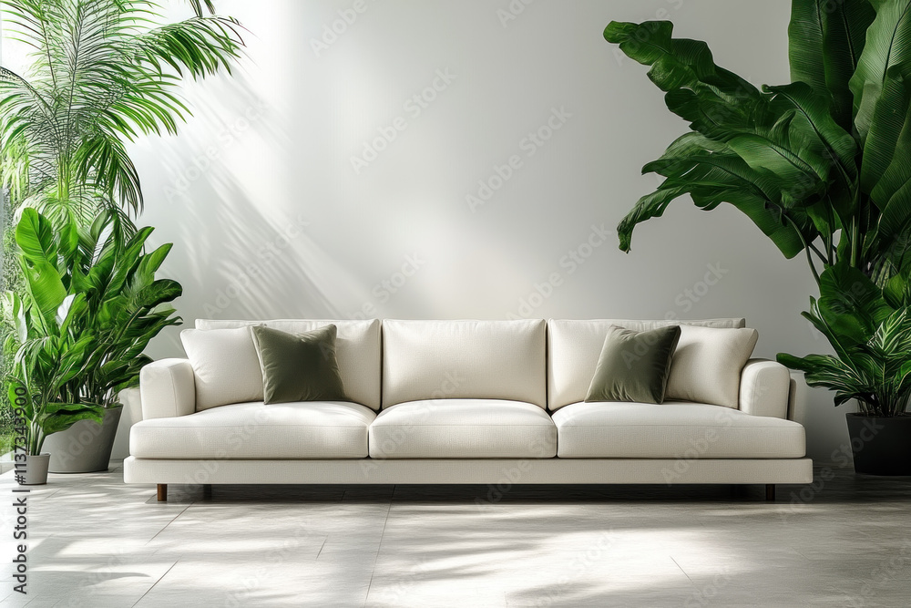 White sofa in minimalist interior with green plants and sunlight. White sofa in minimalist interior with green plants and sunlight.