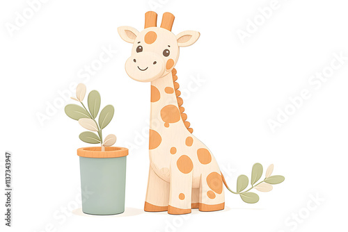 Adorable cartoon giraffe next to a potted plant, perfect for children's decor and nursery themes photo