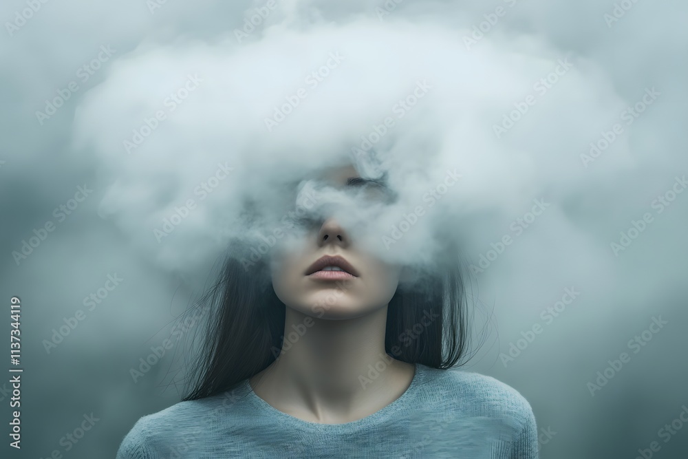 Illustration: Woman's face obscured by a cloud, symbolizing depression or anxiety. Illustration: Woman's face obscured by a cloud, symbolizing depression or anxiety.