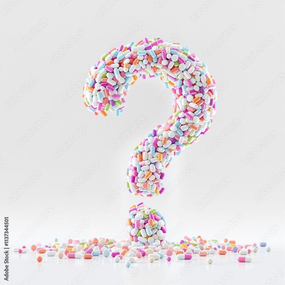 Close up of white medicine bottle pouring colorful pills in shape of question mark, medicinal solutions, medication query, health care, health dilemma, intricate Close up of white medicine bottle pouring colorful pills in shape of question mark, medicinal solutions, medication query, health care, health dilemma, intricate
