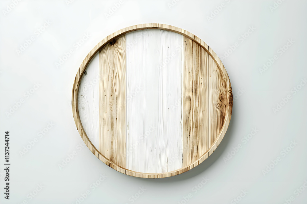 Circular Wooden Tray with Light and Dark Plank Design on a Simple Background Circular Wooden Tray with Light and Dark Plank Design on a Simple Background
