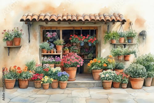 Quaint flower shop facade with colorful potted blooms.