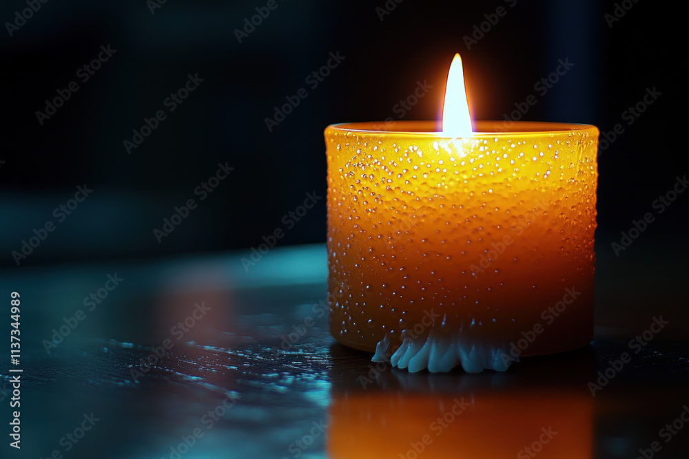 Lit orange candle glowing in dark room. Lit orange candle glowing in dark room.