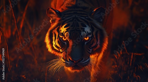 Fiery Gaze: A Majestic Bengal Tiger Illuminated by an Amber Sunset in its Natural Habitat