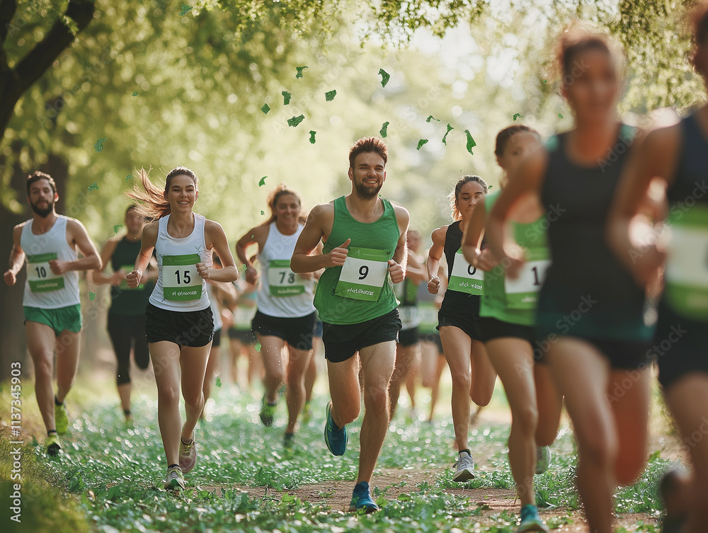 Obraz premium Classic charity run event, diverse group of runners, early morning light, vibrant colors, cheerful and energetic vibe
