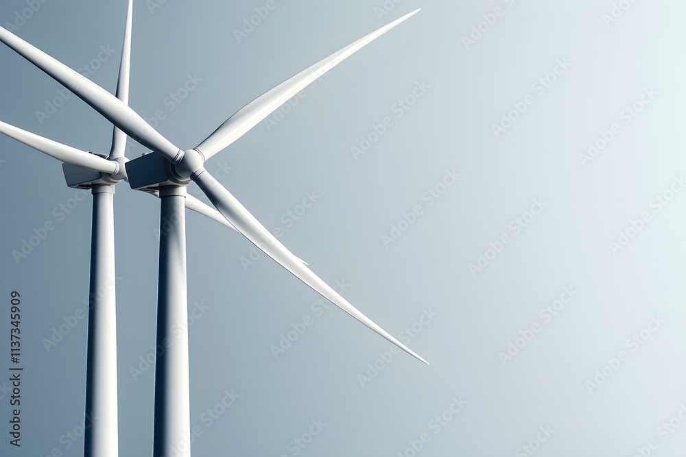 Two Modern Wind Turbines Against a Clear Sky in a Sustainable Energy Concept Two Modern Wind Turbines Against a Clear Sky in a Sustainable Energy Concept