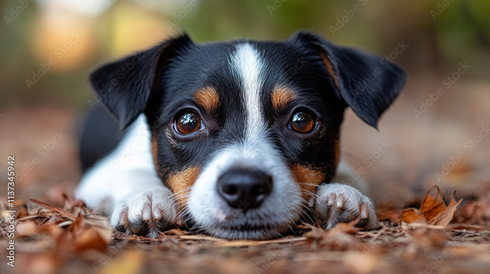 A small black and white dog lying on its stomach A small black and white dog lying on its stomach