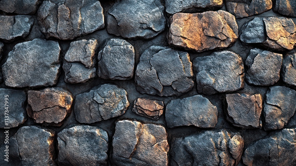 Fototapeta premium A textured stone wall featuring various sizes and colors of rocks.
