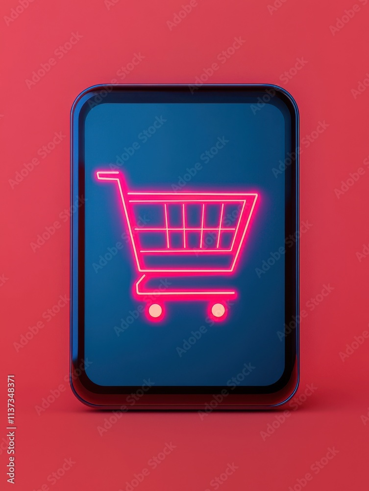 mobile payment integration concept. Neon shopping cart icon on a vibrant background. mobile payment integration concept. Neon shopping cart icon on a vibrant background.